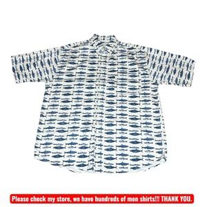 The Nature Company Mens Large White Blue Fish Print Cotton Button Down Shirt VTG